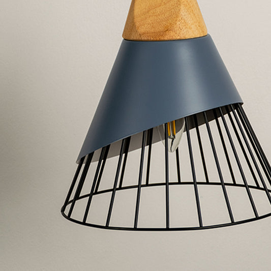 Blue cone pendant light with wooden top and wire cage shade modern hanging lamp for kitchen dining room decor lighting.