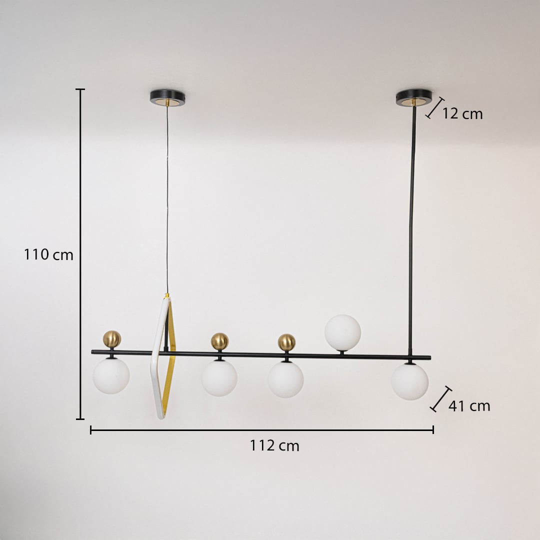 Linear pendant light measuring 112 cm length 110 cm height and 41 cm drop designed for dining rooms kitchen islands.