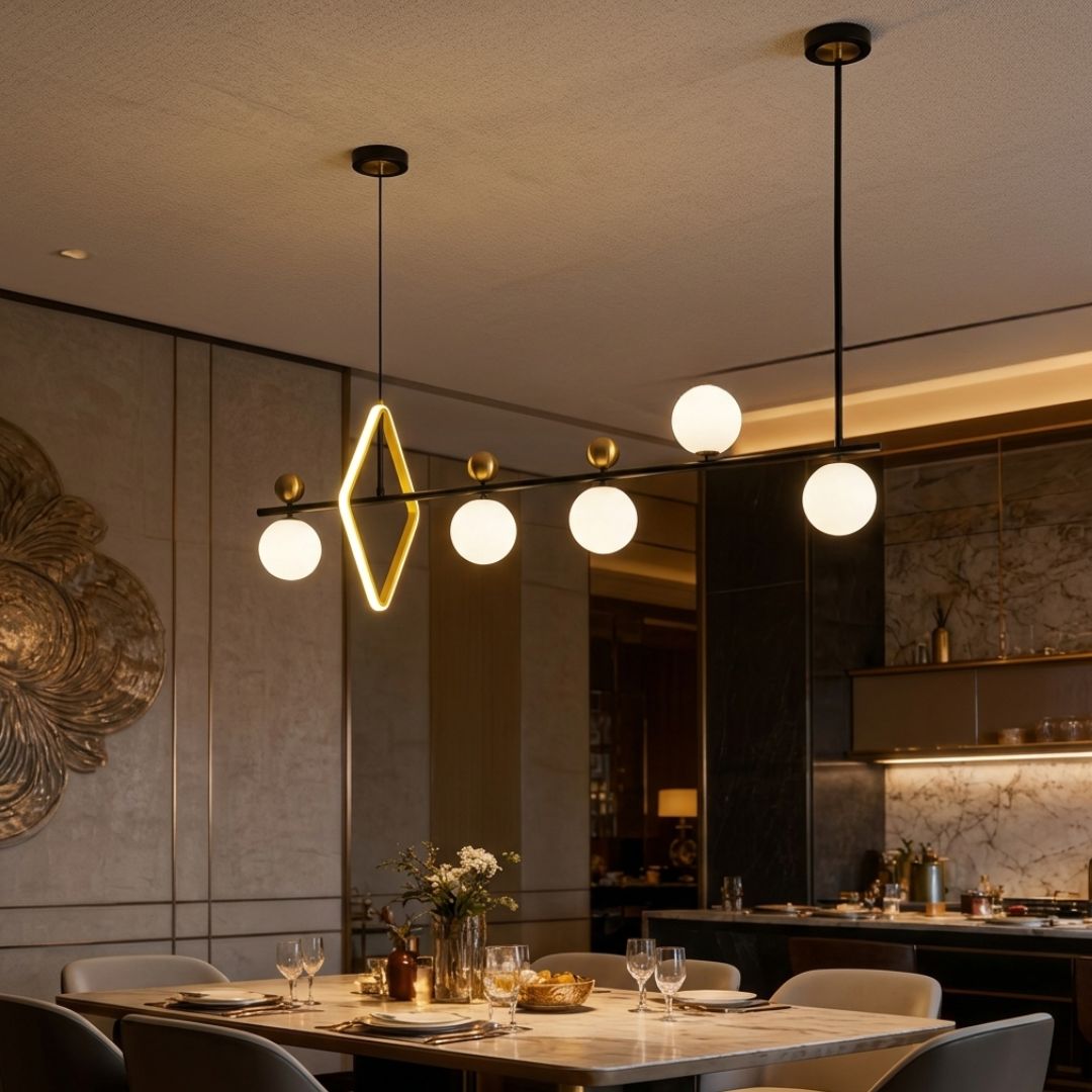 Modern linear pendant chandelier with six spherical white globe bulbs and a central gold diamond-shaped accent, hanging in a contemporary dining room.