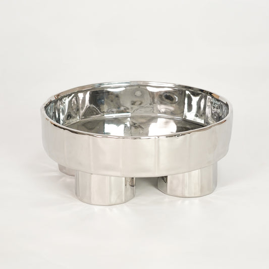 White background image of silver metal decorative bowl for elegant tabletop decor styling with polished finish display.