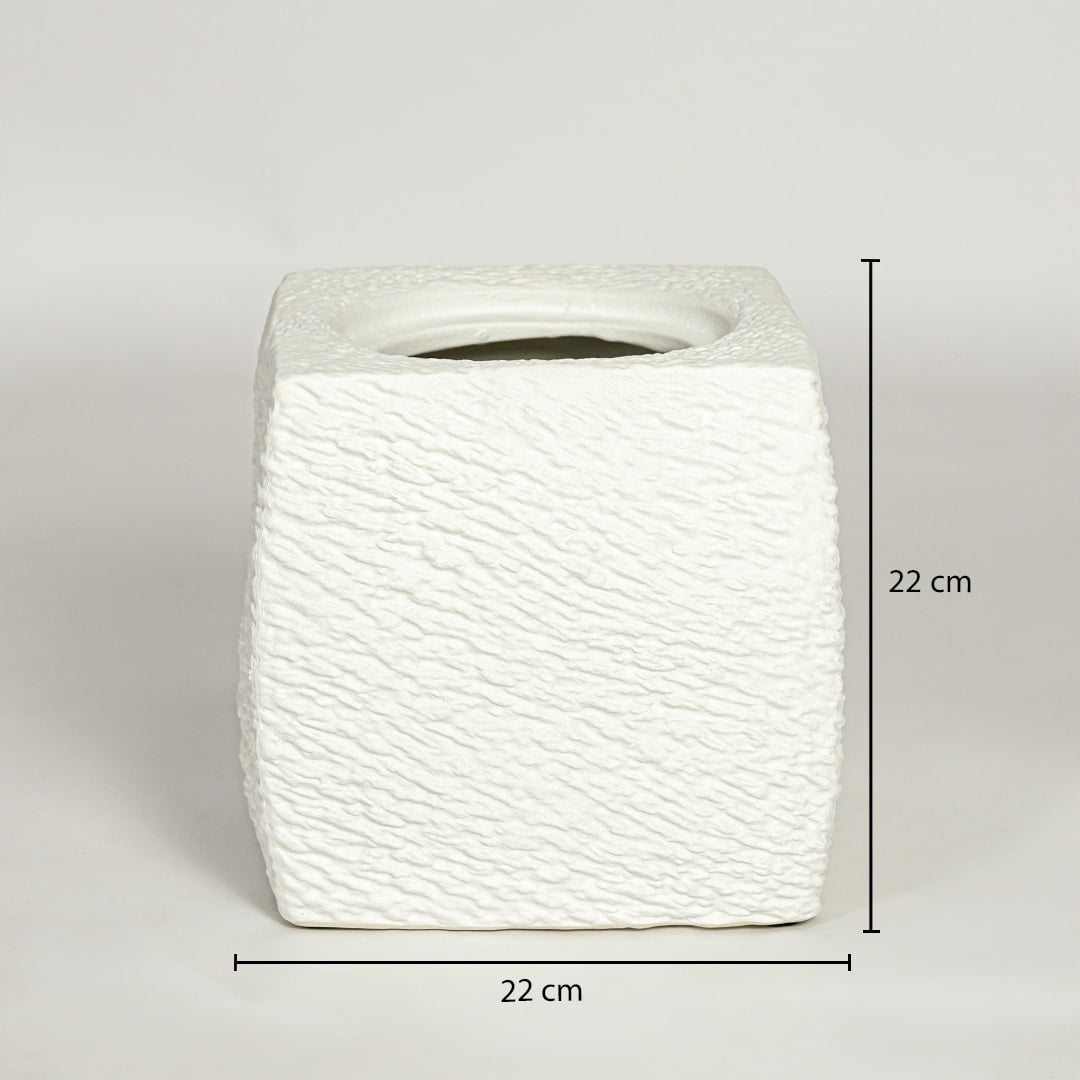 White textured ceramic planter dimension image showing 22 cm height and 22 cm width decorative ceramic accent for floor styling.