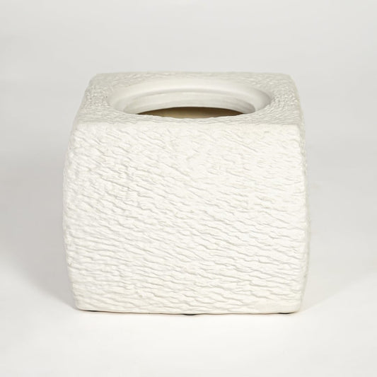 White polyresin textured square vase with carved surface isolated on clean white background for modern decor styling.
