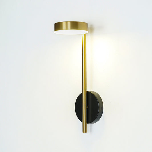 Gold metal wall light with vertical rod design and round mount perfect for modern interior wall decor on clean background.