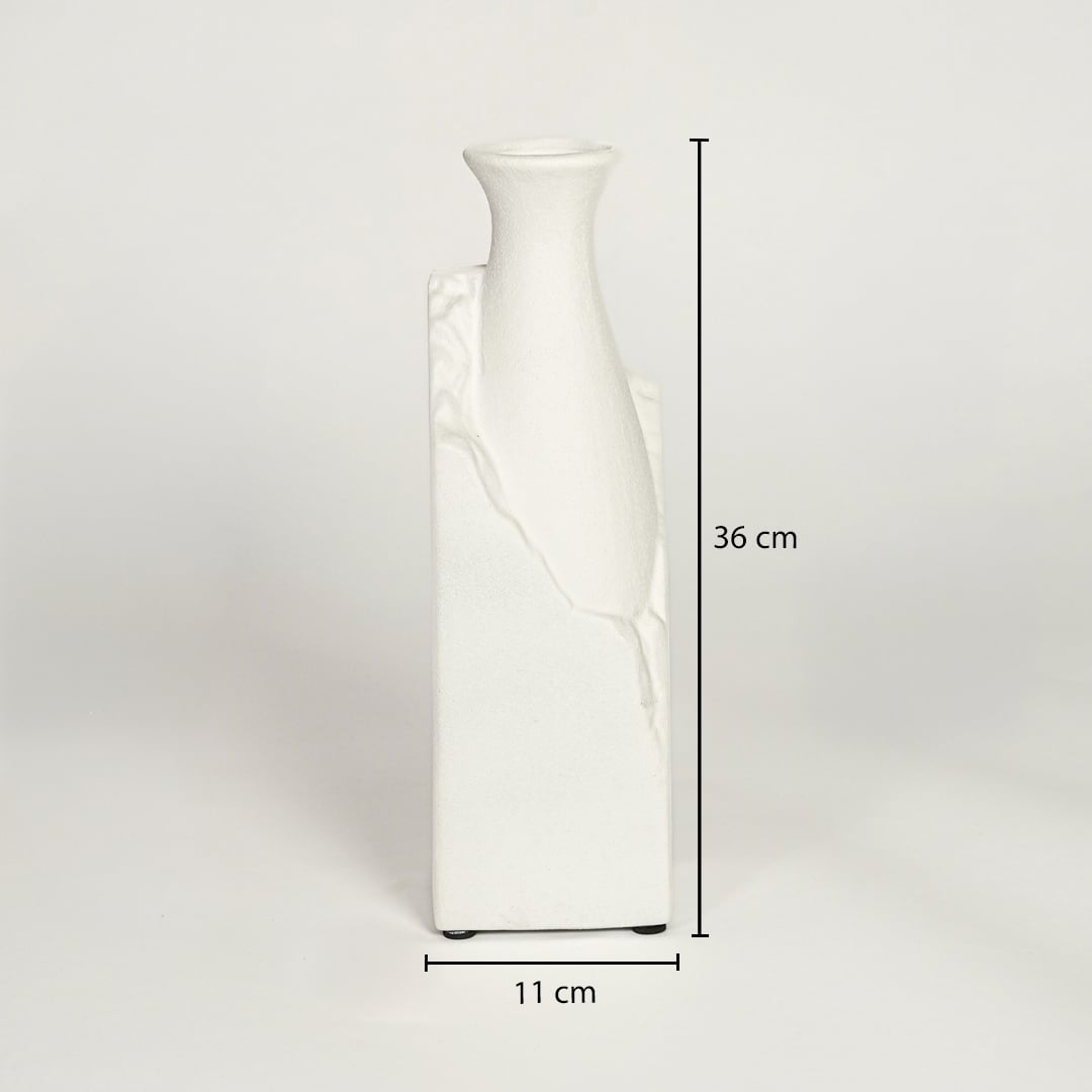 White ceramic vase dimension image showing height and width proportions tall modern decorative vase for home decor.