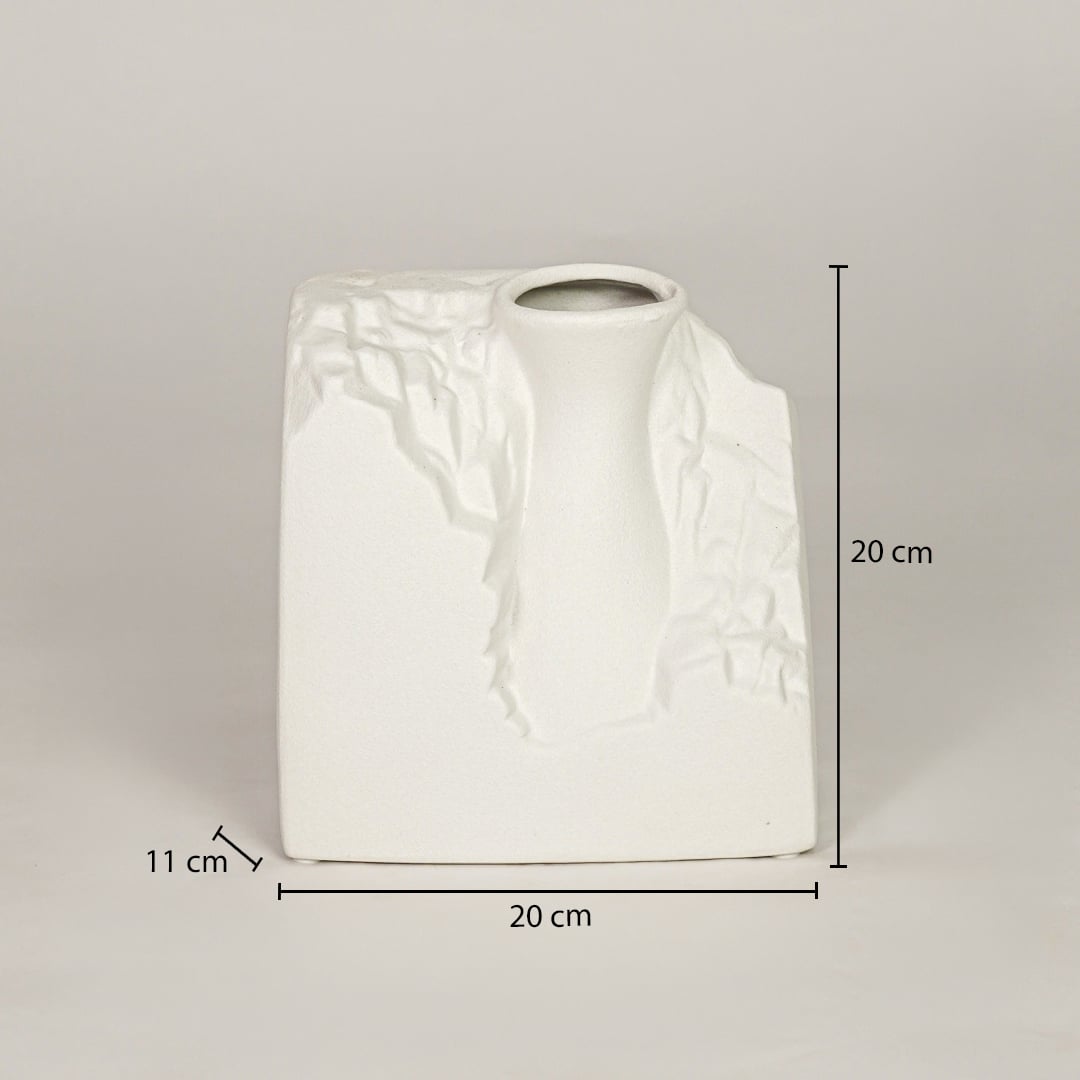 White ceramic vase measuring 26 cm height and 20 cm width for modern tabletop decor placement styling.