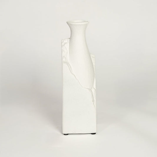 Minimal white ceramic decorative vase on white background tall modern accent piece suitable for console table shelf or floor styling.