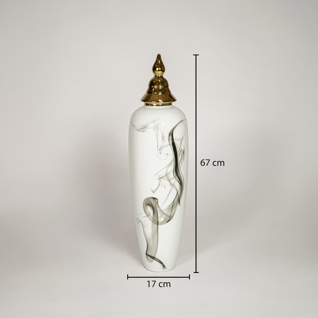 White ceramic tall decorative vase showing 17 cm width and 67 cm height ideal for living room floor decor display.