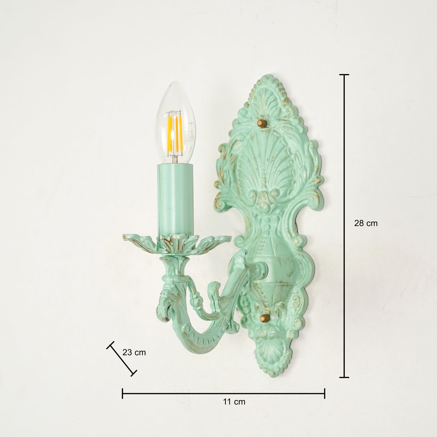 Dimension image of aluminium era small light wall sconce with floral white shade for elegant living room decor styling.