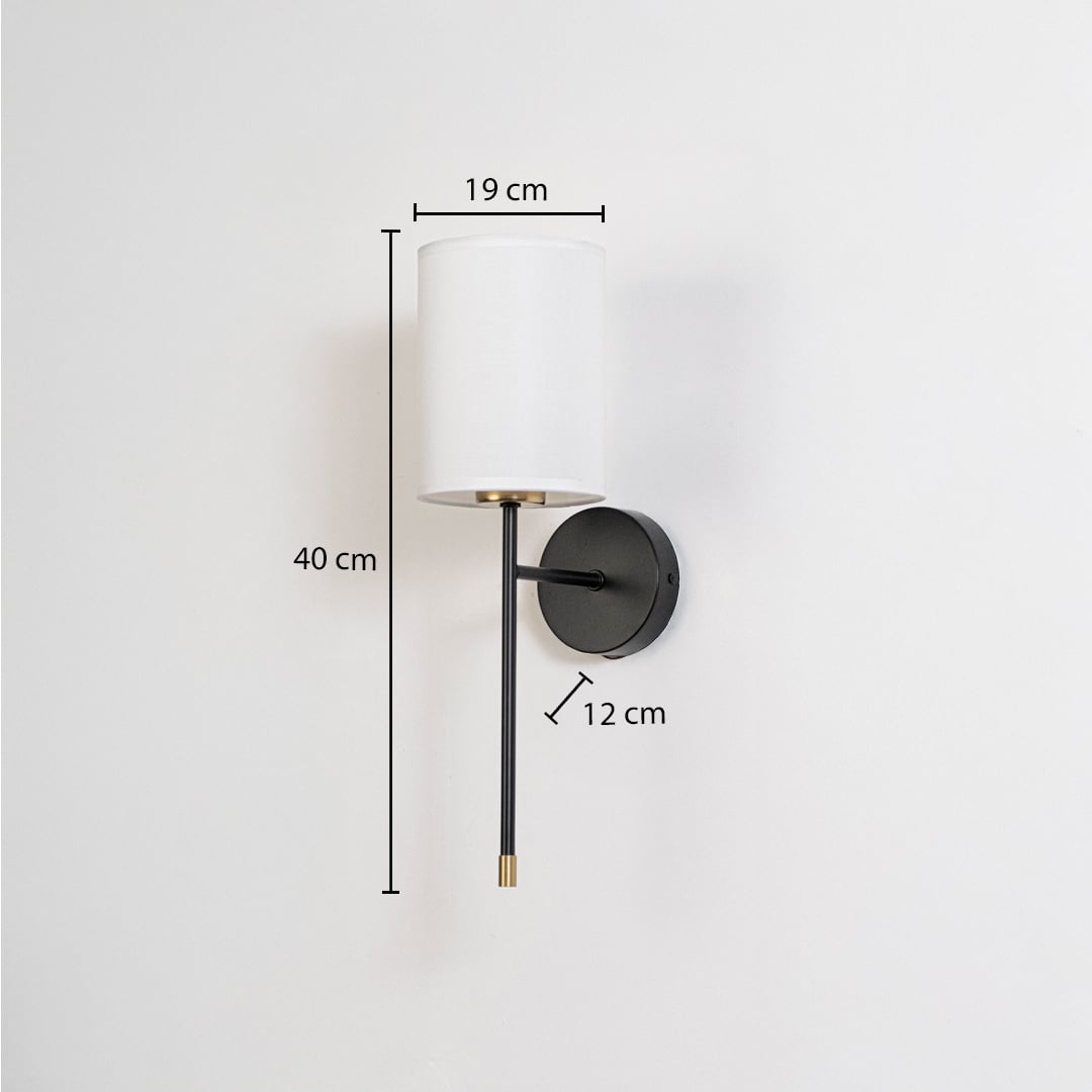 Modern white fabric cylinder wall sconce with black metal arm showing 40cm height 19cm shade width 12cm depth specifications.