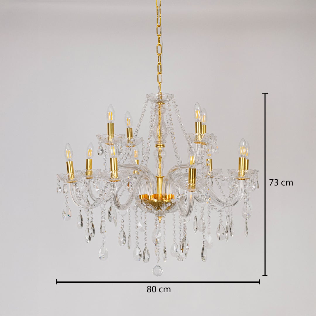Chandelier with crystal glass and gold finish shown with 80 cm width and 73 cm height for decorative lighting.
