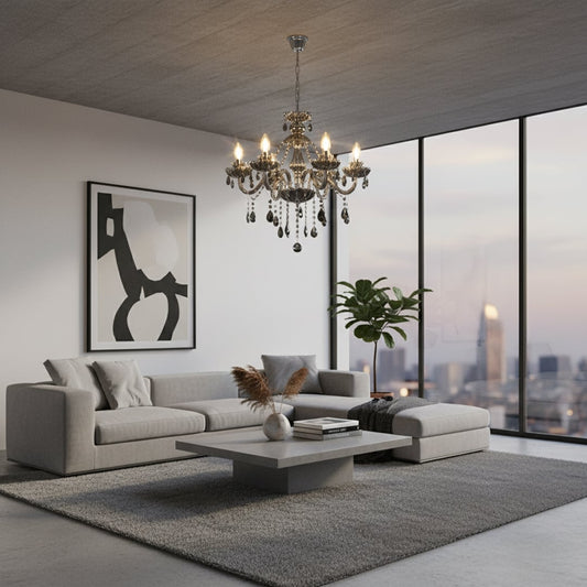 Black crystal chandelier with elegant arms and warm lights adds a luxury statement to living room or dining room ceilings.