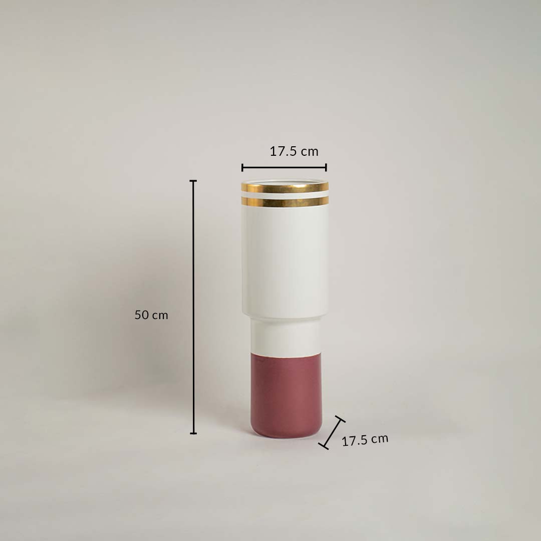 Ceramic vase in white and maroon with gold detailing displayed with 50 cm height for clear size reference in modern home decor.