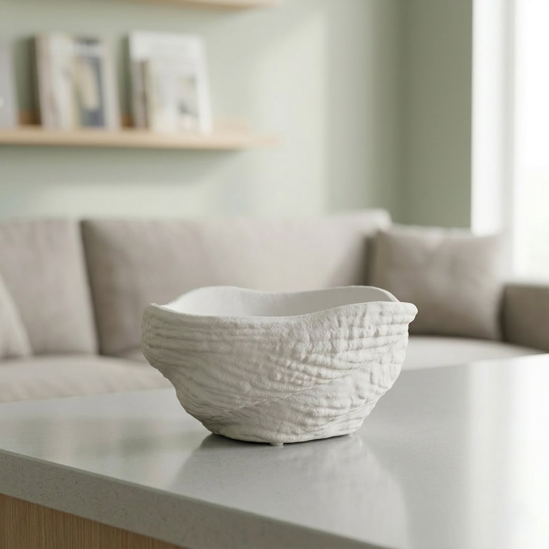 White ceramic decorative bowl with textured finish placed on kitchen counter modern home styling accessory for table decor and living room use.