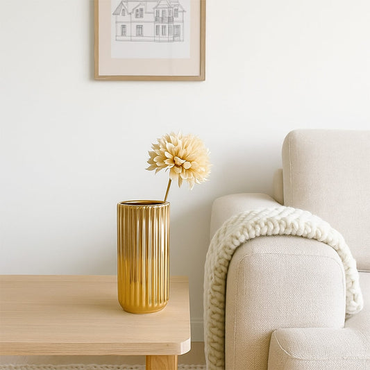 A glossy gold ribbed vase styled in a soft minimal setting creating a warm elegant lifestyle look that highlights its modern reflective finish.