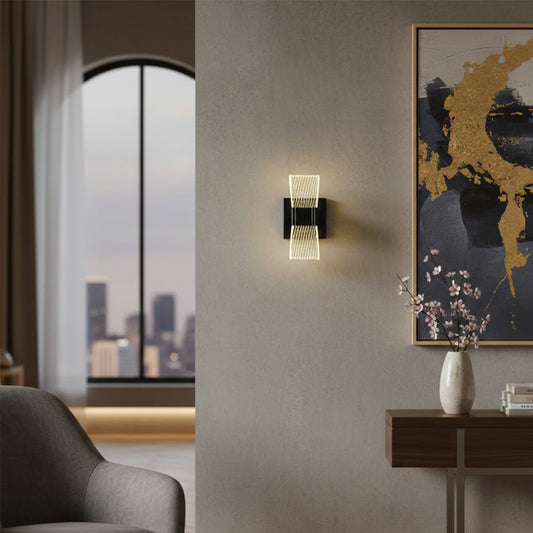 Modern black wall light lifestyle image in luxury living room with warm ambient lighting and elegant wall decor.