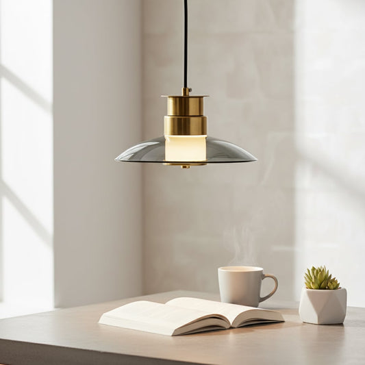 A modern pendant light with a gold and smoked glass shade glowing warmly above an open book and coffee cup in a bright peaceful reading corner.