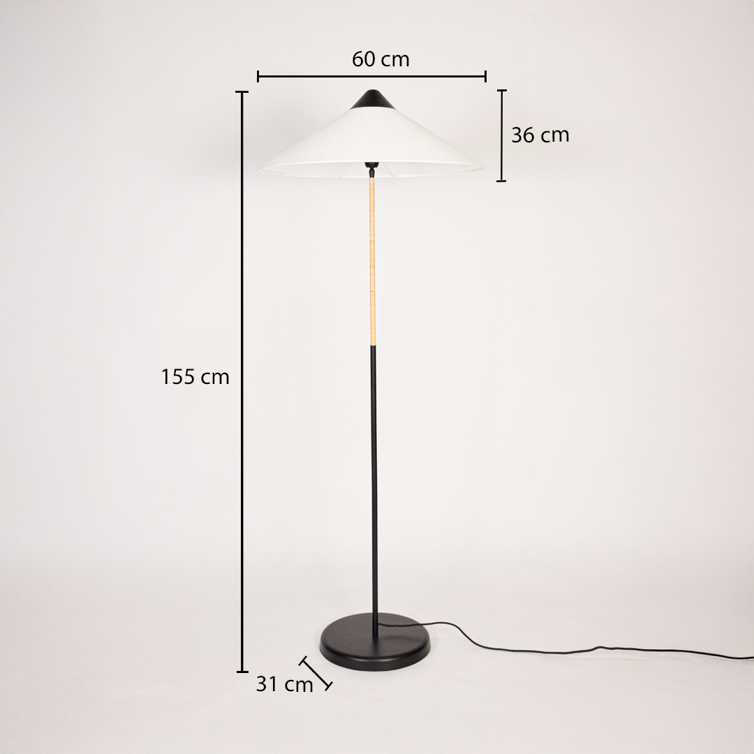 Floor lamp dimensions image showing full height shade width base diameter and overall proportions clearly marked for accurate space planning.