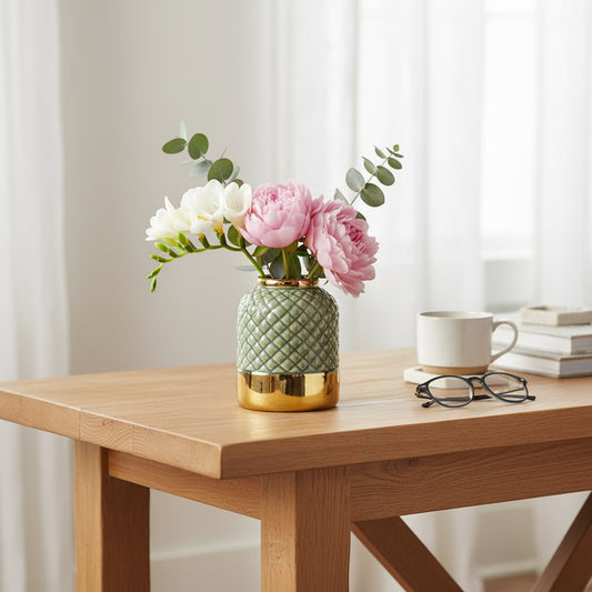 Decorative ceramic vase with textured teal diamond pattern and gold base styled as a premium home decor accent for modern and elegant interiors.