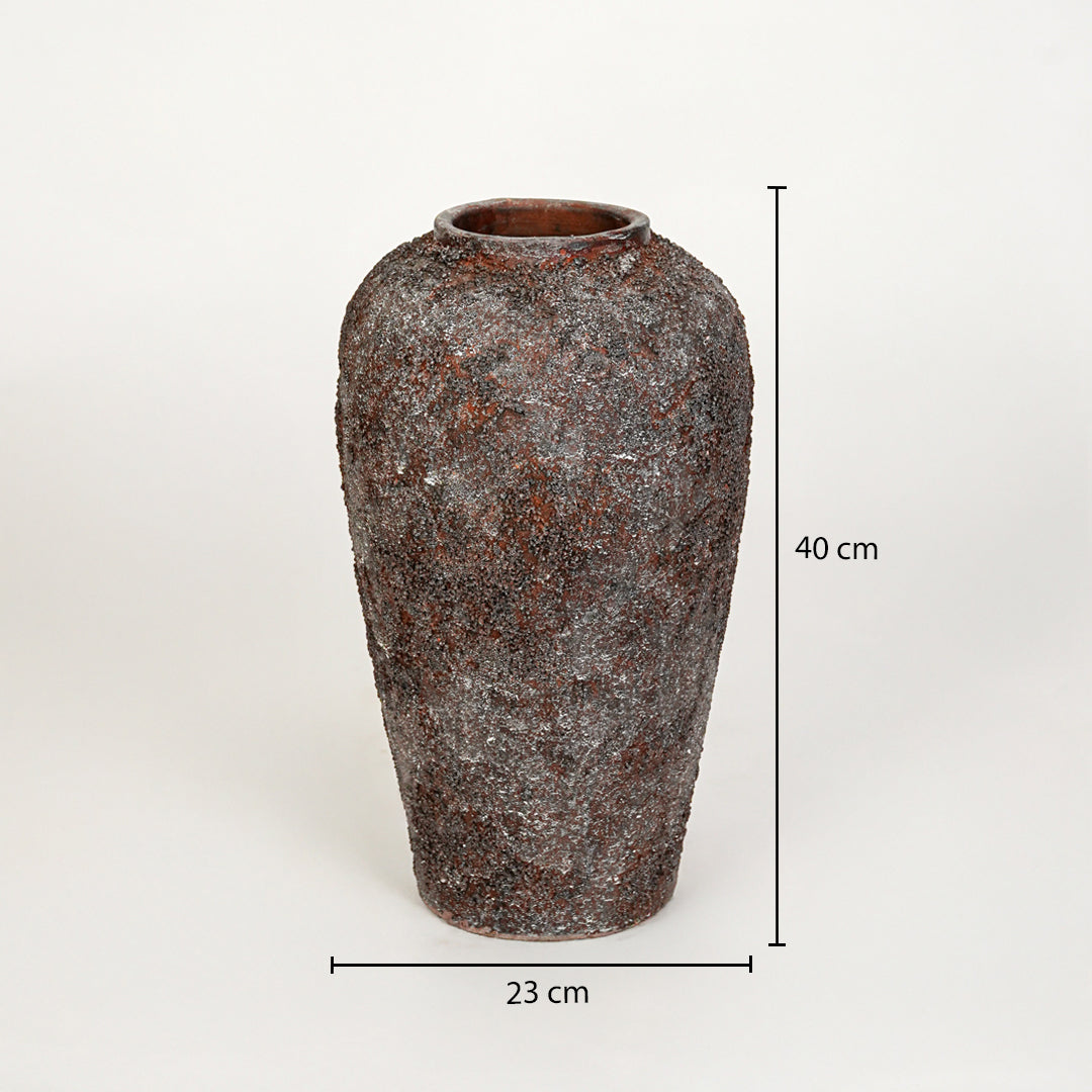 Dimension image of black ceramic decorative vase for elegant floor placement with textured matte finish.