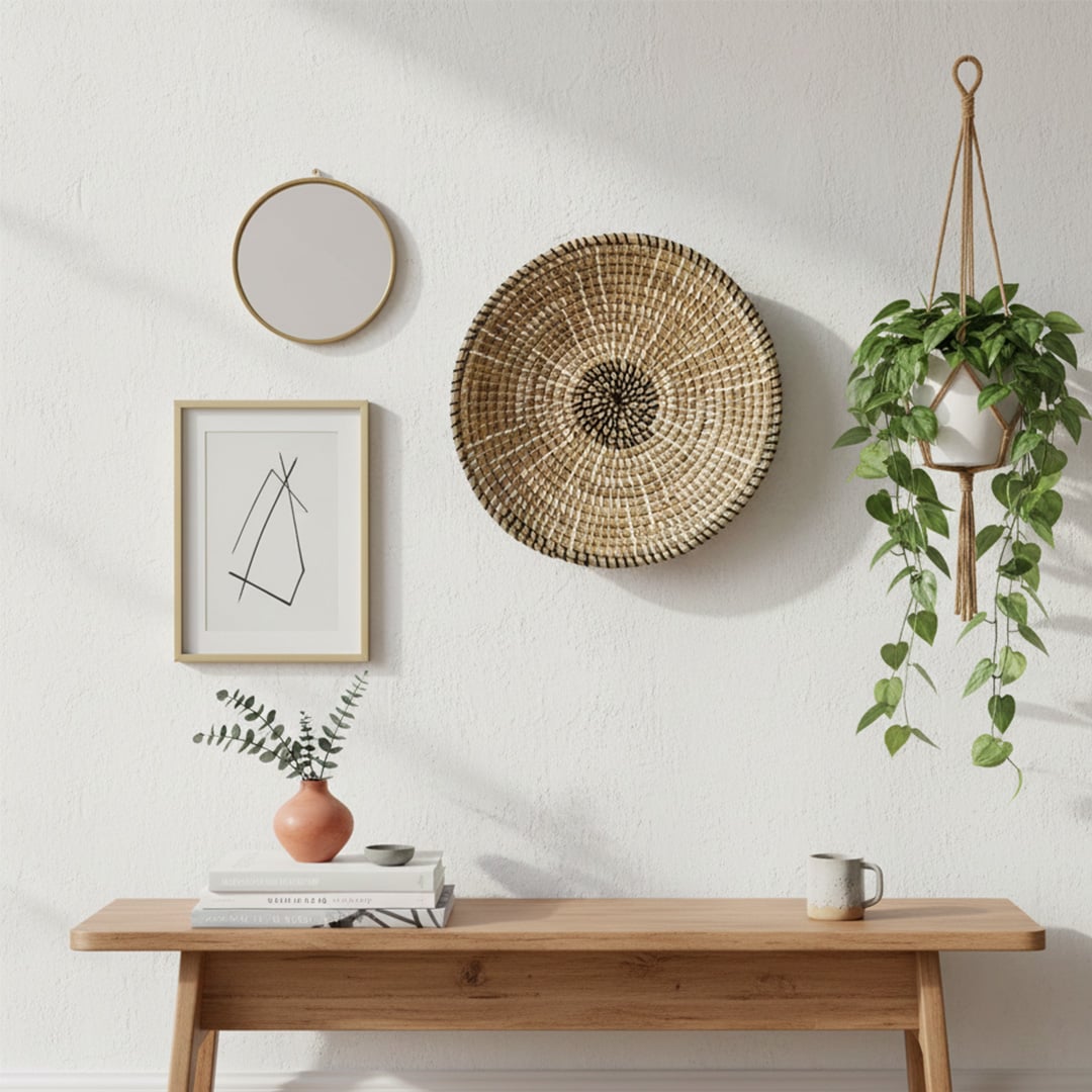 Natural woven wall basket displayed above a console table for elegant bohemian wall decor and modern home interiors.