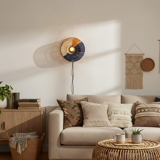 Wall mounted accent light placed above sofa creating soft illumination and a welcoming modern living room atmosphere.