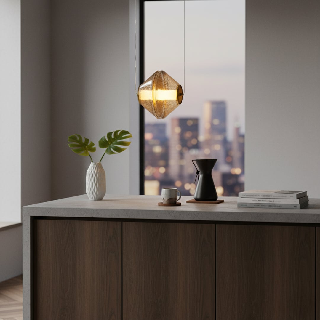 Amber glass and gold metal pendant light creating cozy ambience in contemporary living interiors.