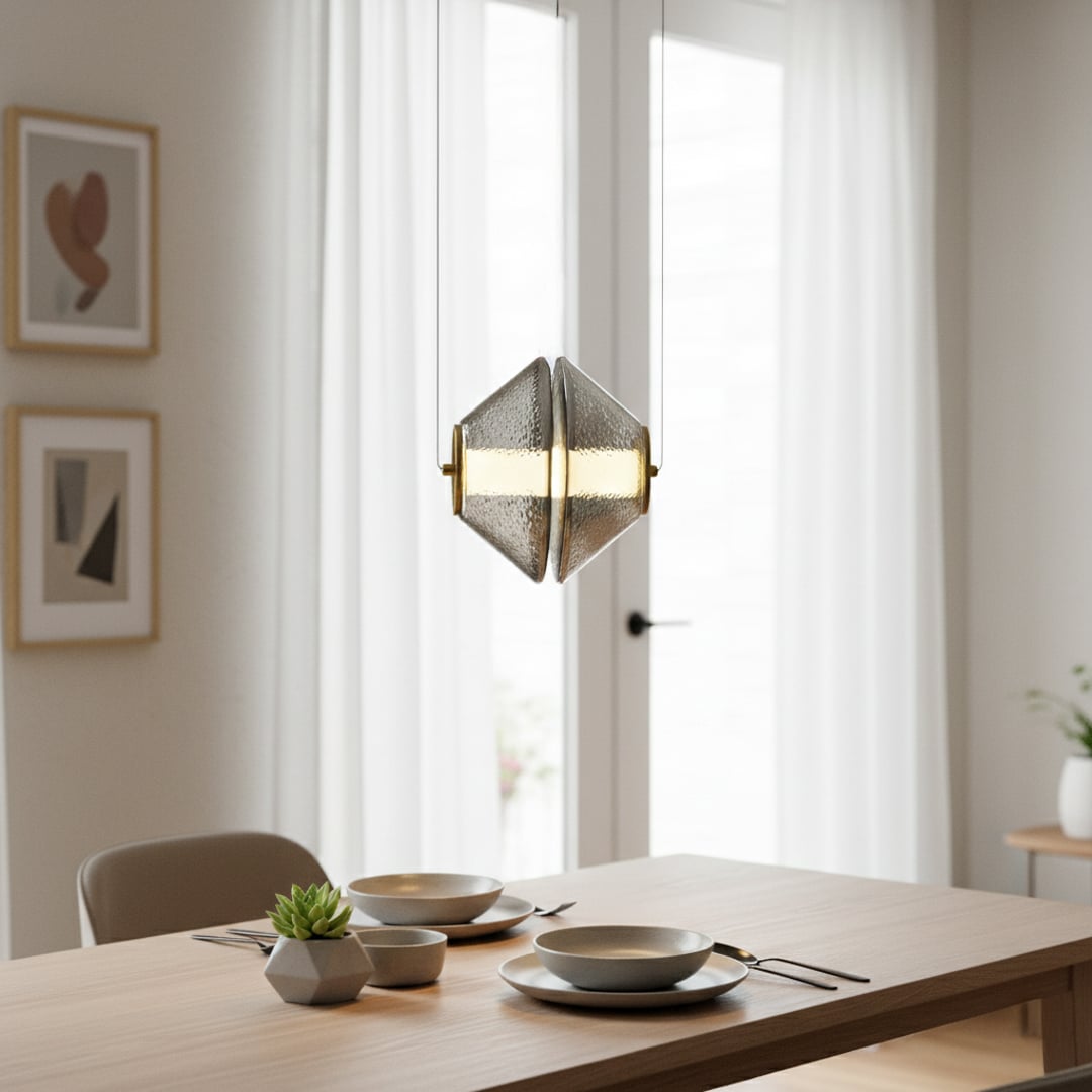 Smoke glass and gold metal pendant light adding warm elegance above the dining table in modern interiors.