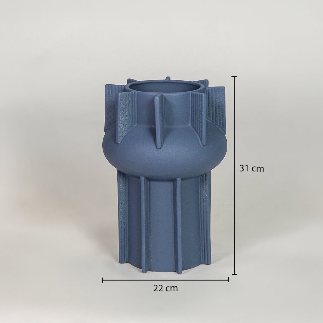 Blue ceramic flower vase size 31 cm height 22 cm width modern decorative vase for table console shelf styling.