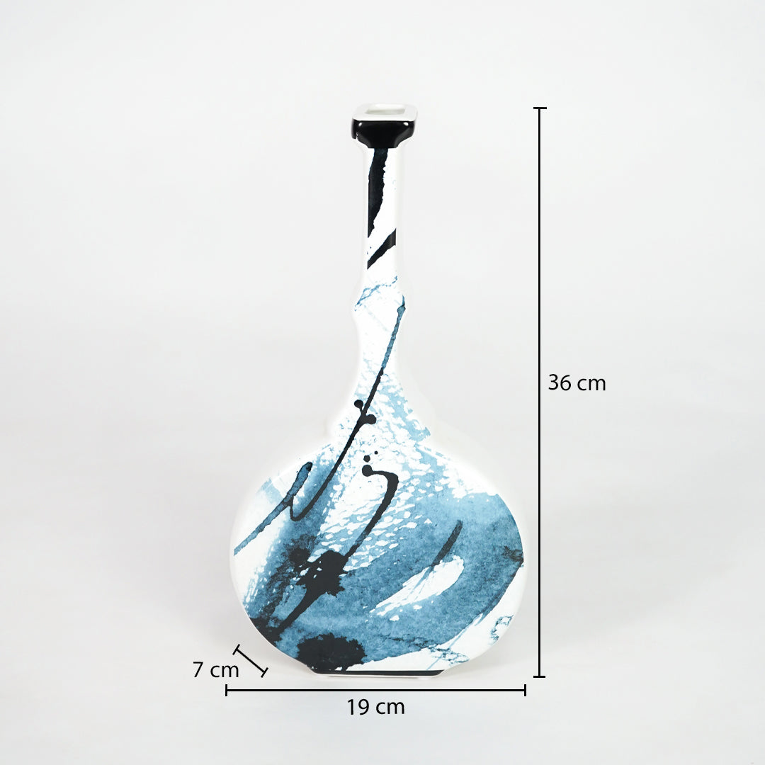 White and blue ceramic bottle vase dimension image with 36 cm height and 19 cm width for modern decor.