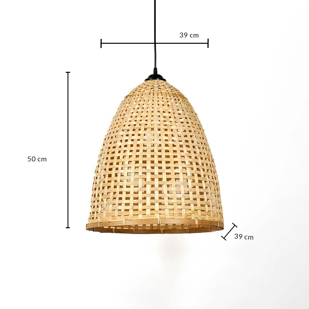 Woven bamboo pendant light with tall dome shade shown with 50cm height and 39cm width for rustic home interiors.
