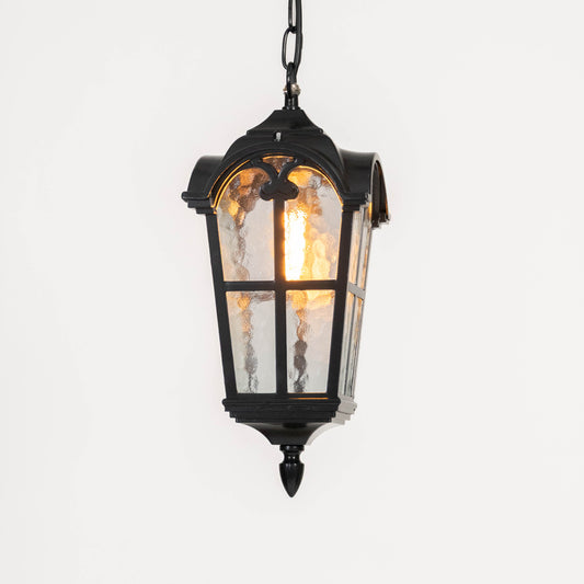 Antique black metal hanging lantern light with textured glass for classic outdoor lighting decor.