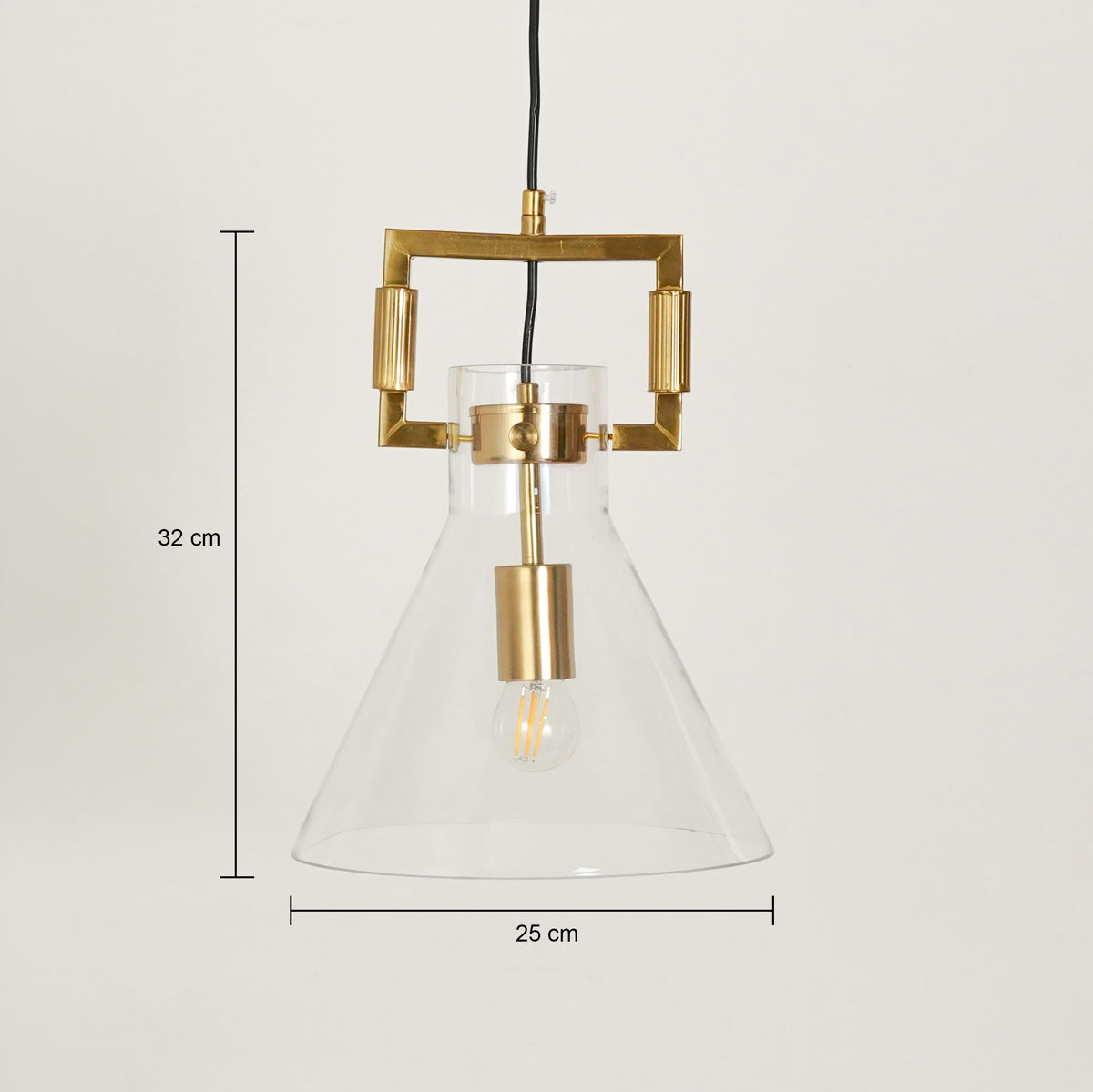 Dimension image of aspen clear glass hanging pendant lamp with cone shade for elegant dining room decor styling with accurate details.