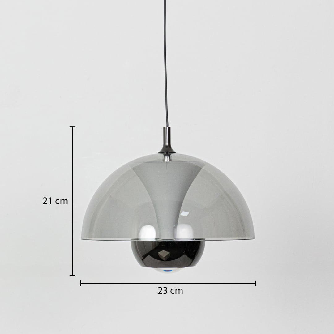 A pendant light with a smoked grey dome showing dimensions of 21 cm height and 23 cm width clearly marked against a plain white background.