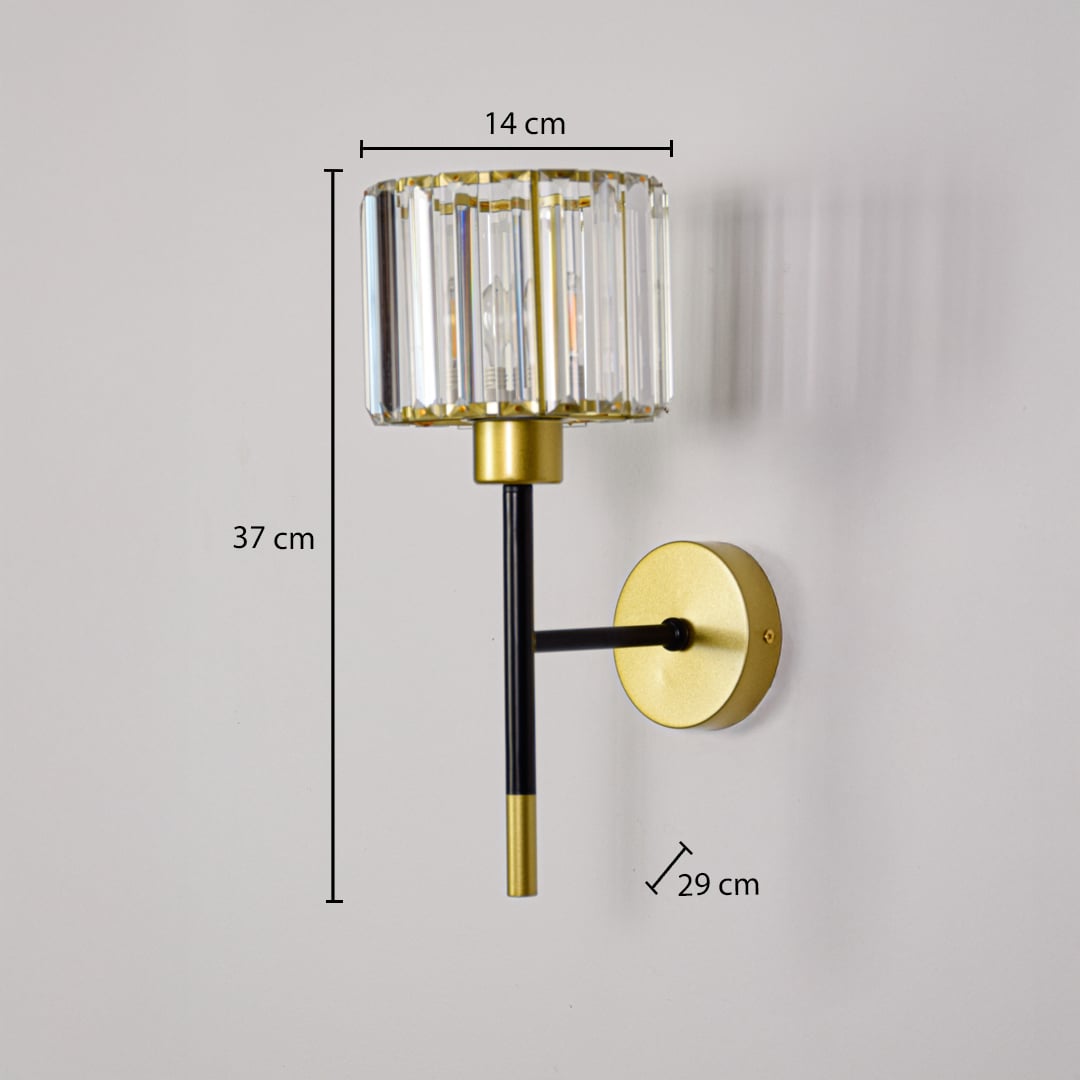 Gold and black metal wall light with crystal shade measuring 37 cm height 14 cm width and 29 cm projection for walls.