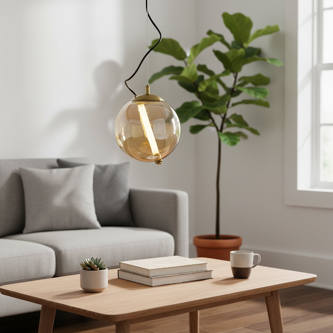 Amber glass and gold metal pendant light adding warm elegance above the coffee table in interiors.