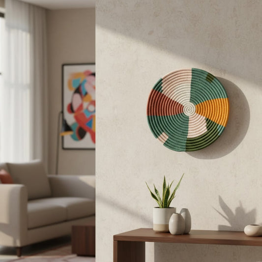 Decorative round wall art with leaf inspired multicolor design mounted above console table adding fresh accent to contemporary living room decor.