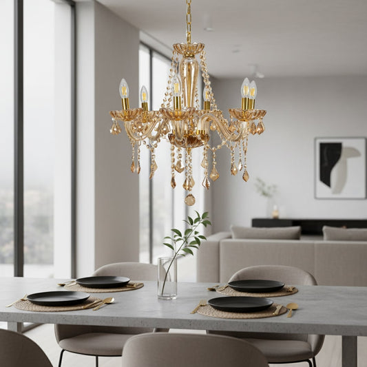 Golden crystal chandelier with elegant arms and warm lighting adds luxury charm to dining room or living room ceilings.