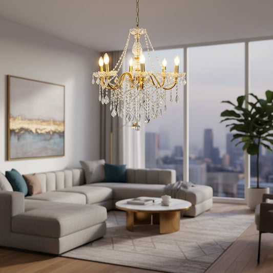 Gold metal crystal chandelier adds bright elegant lighting to living room or dining room ceilings creating a luxury ambience.