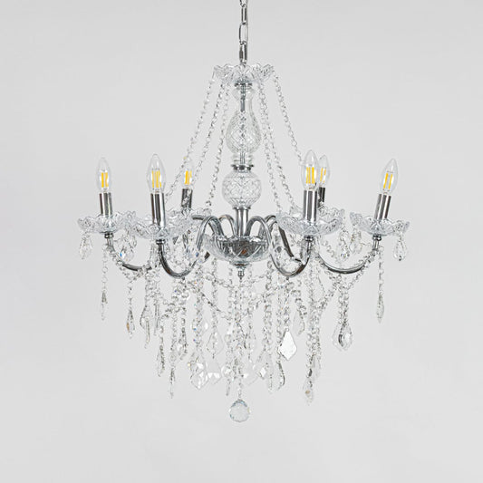 Silver metal crystal chandelier displayed on white background ideal for classic bright interior ceiling styling.
