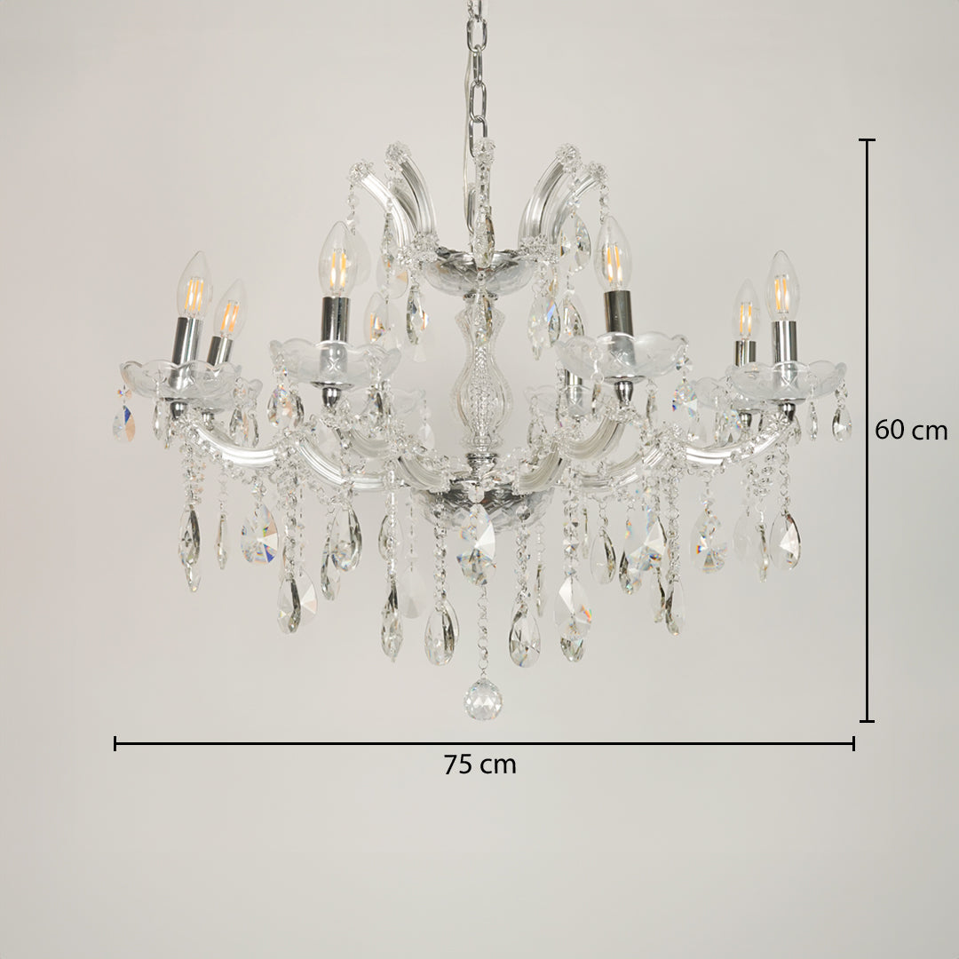 Dimension image of large waterfall crystal chandelier for modern dining room decor styling with precise size measurement.
