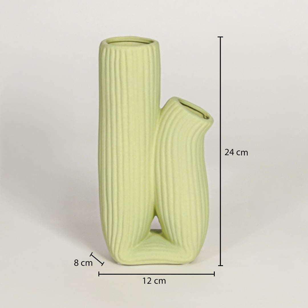 Light green ceramic vase showing 24 cm height 12 cm width and 8 cm depth for accurate decor size reference.