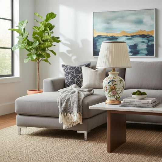 White ceramic table lamp with hand painted floral bird design brass base and pleated fabric shade styled on bedside table.