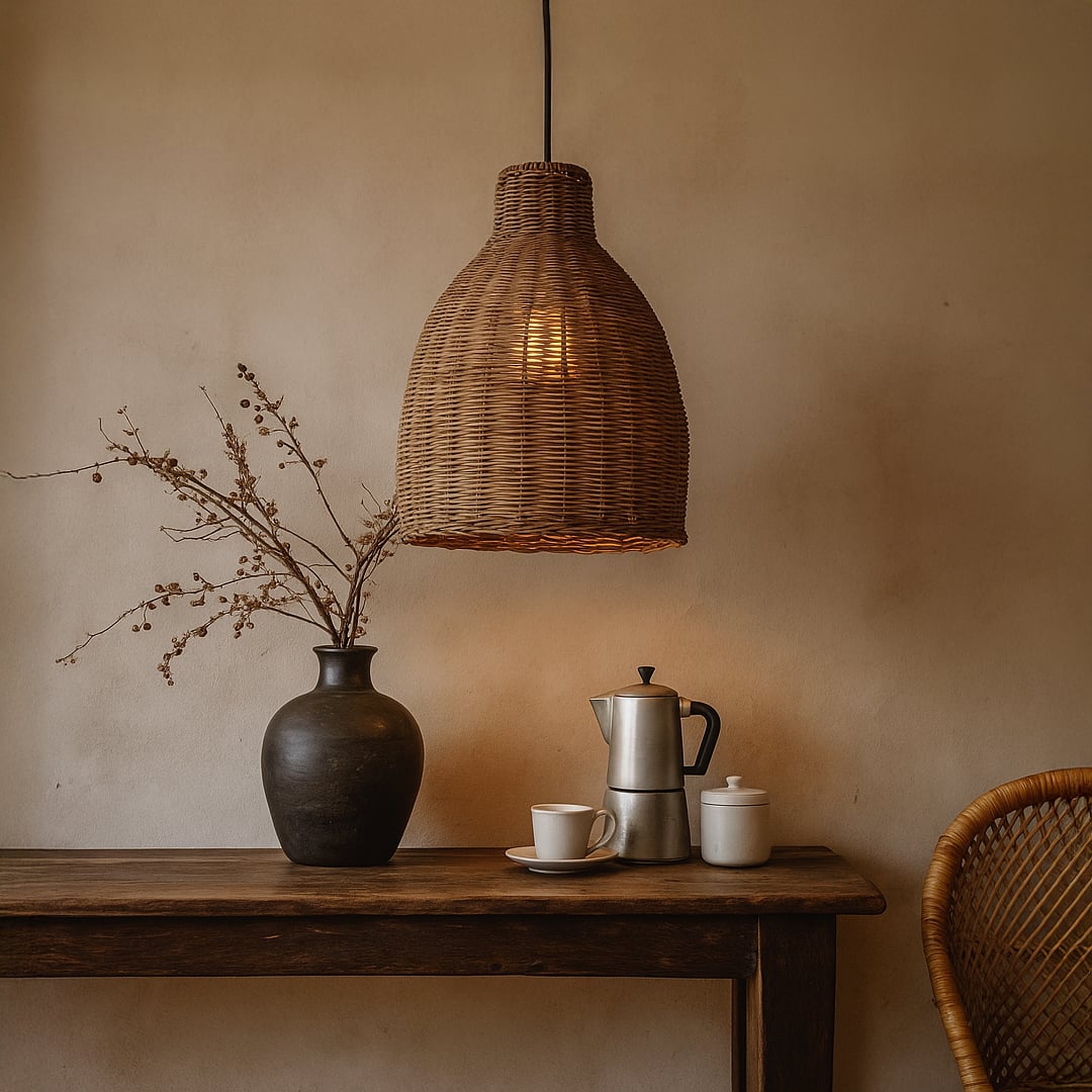 Dark brown woven rattan pendant light adding warm rustic charm to cozy living room interiors.