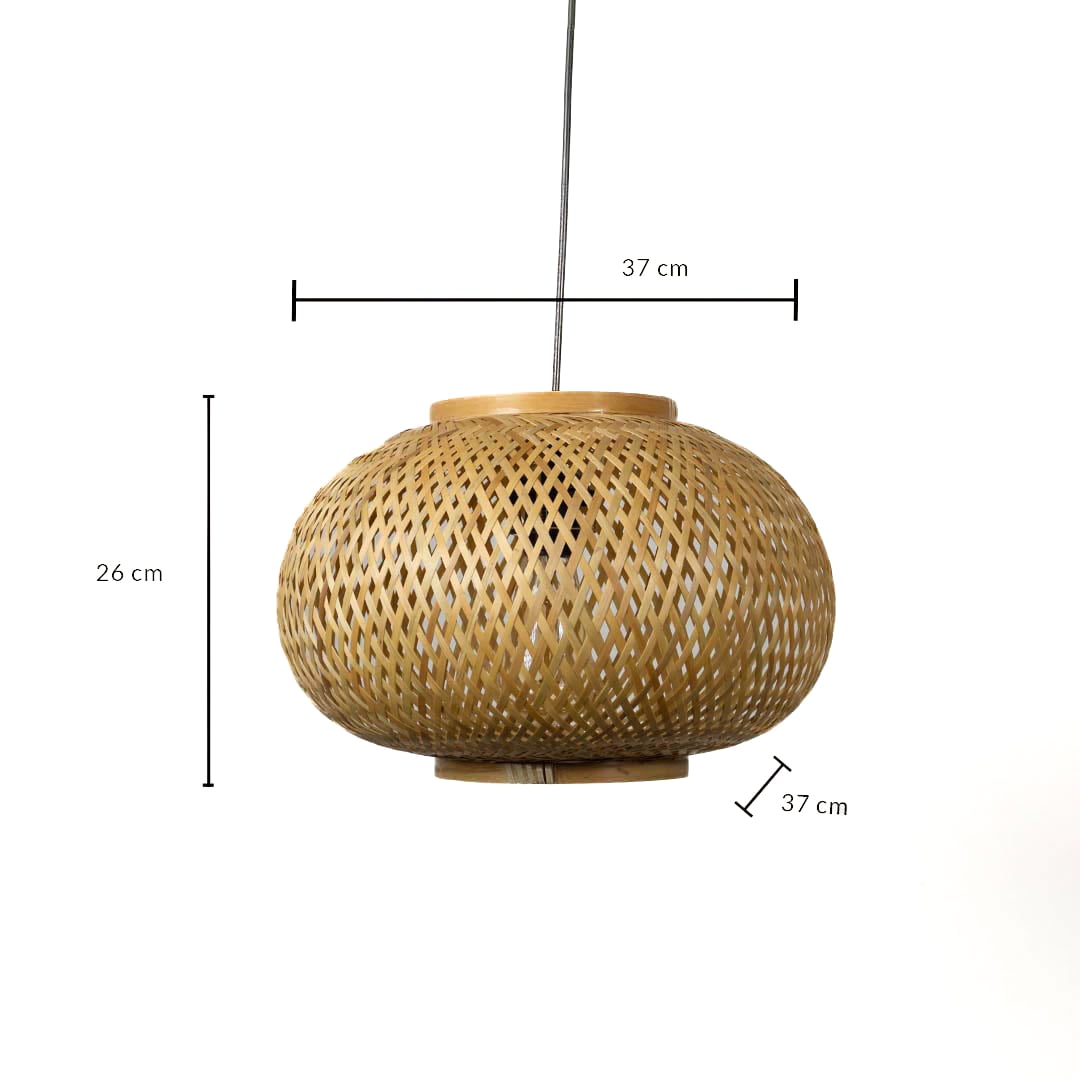 Dimension image of woven bamboo lantern pendant light with oval wicker frame showing 26 cm height and 37 cm width.