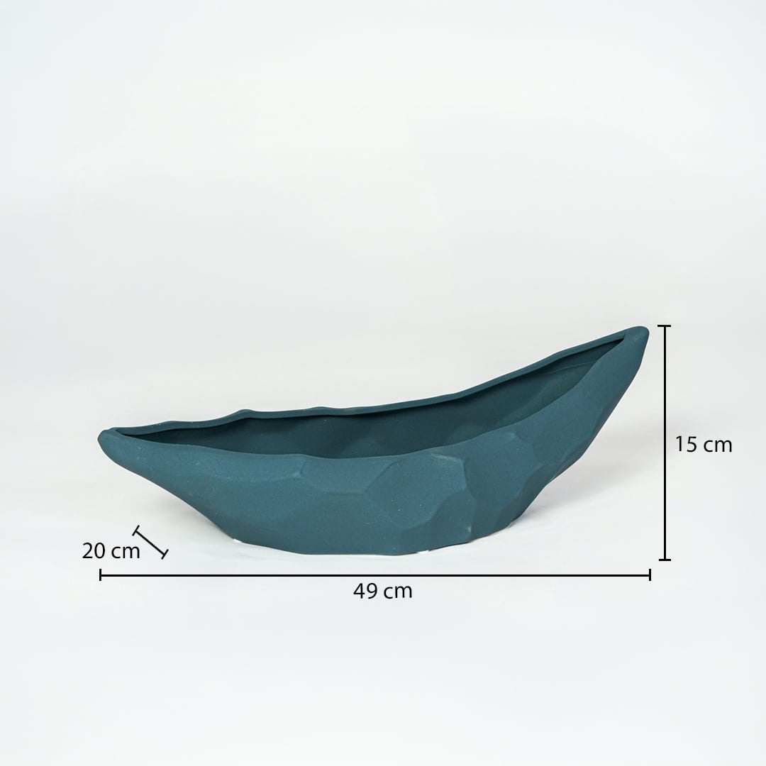 Teal ceramic decorative platter measuring 49 cm length 28 cm width and 15 cm height perfect for table styling.