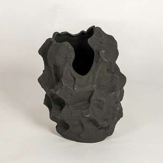 Black decorative sculptural ceramic vase on white background modern home decor accent piece for table shelf console styling.