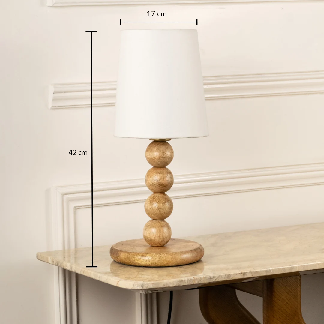Natural wood table lamp with white fabric shade measuring 42 cm height and 17 cm width for elegant table lighting.