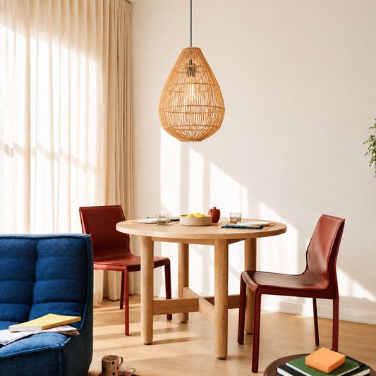 A teardrop-shaped woven rattan pendant light hangs over a round wooden dining table in a bright, modern room with two reddish-brown chairs, a blue armchair, and warm sunlight streaming through sheer curtains.