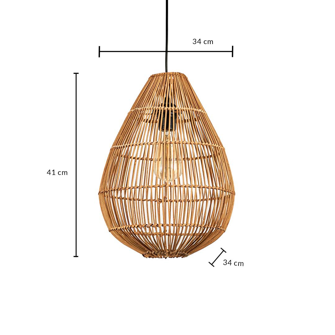 Rattan pendant light dimension image showing 41 cm height and 34 cm width with teardrop woven frame.