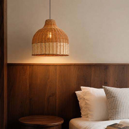 A woven rattan pendant light with a warm glowing bulb inside, hanging in a bedroom above a wooden headboard and white bedding.